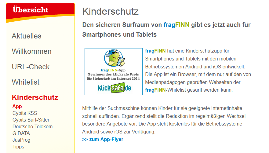 Informationen im Elternbereich von fragFINN.de