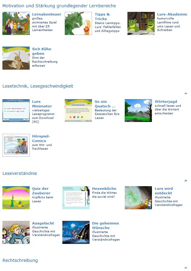 Auswahl der Lernspiele der LegaKids/ Screenshot www.legakids.net