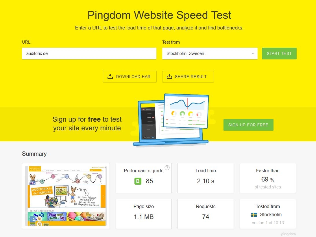 Speedtestergebnis der Kinderseite auditorix.de mit Pingdom / Screenshot https://tools.pingdom.com 
