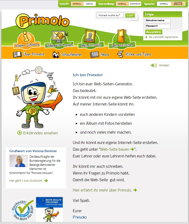 Startseite des Webseiten-Generators "Primolo" in Leichter Sprache / Bild: primolo.de