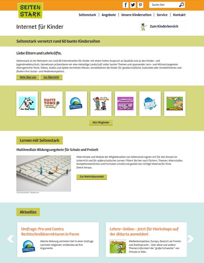 Screenshot der Startseite seitenstark.de/eltern-und-lehrkraefte