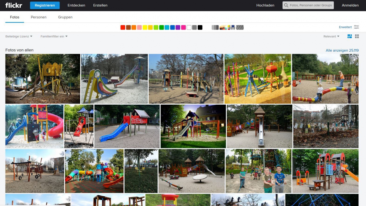 Screenshot: Ergebnisse der "Spielplatz"-Suche bei Flickr