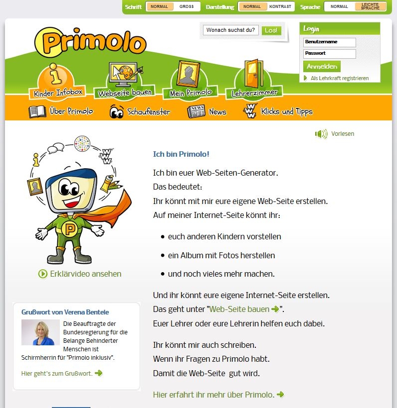 Primolo.de, den Webseiten-Generator für Kinder, gibt es auch inklusiv. Z.B. in leichter Sprache. Bild Screenshot primolo.de