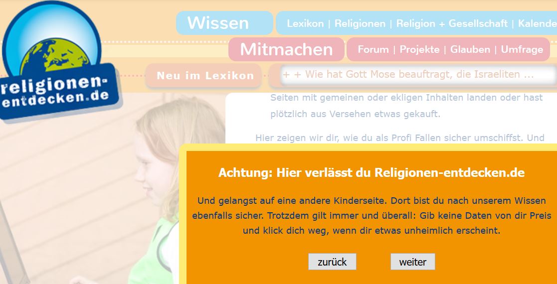 Kindgerechter Hinweistext bei externen Links auf religionen-entdecken.de